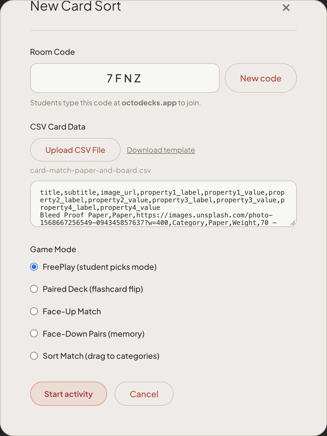 The New Card Sort window with room code 7FNZ, the uploaded card-match-paper-and-board.csv, and Game Mode options: FreePlay, Paired Deck, Face-Up Match, Face-Down Pairs and Sort Match.