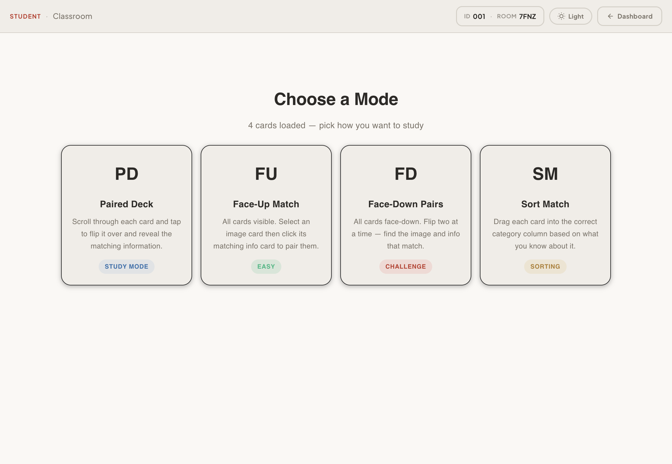 The student's Choose a Mode screen: Paired Deck (Study mode), Face-Up Match (Easy), Face-Down Pairs (Challenge) and Sort Match (Sorting).