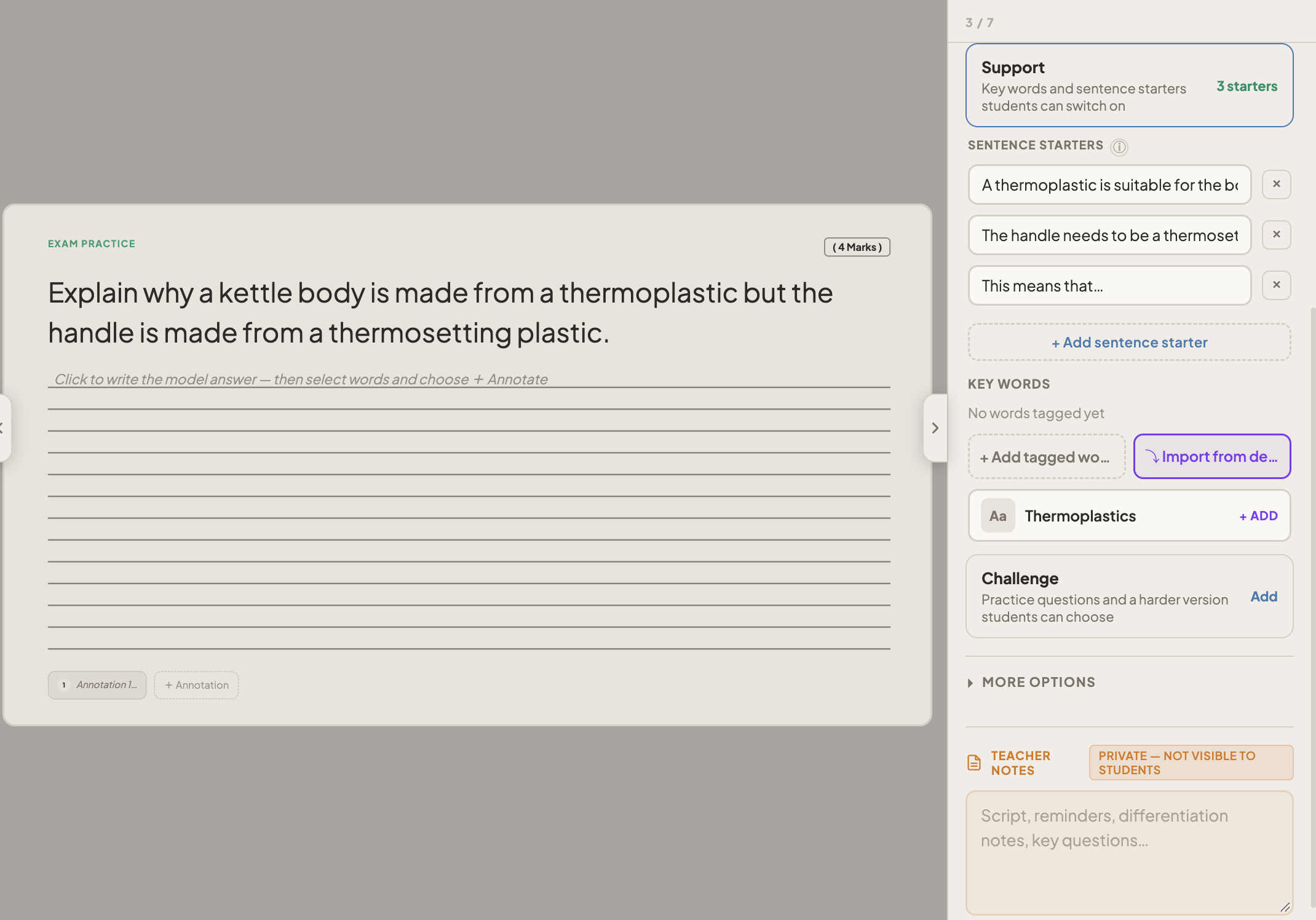 An Exam Question slide with the Support panel open, showing three sentence starters and a Key words section with an Import from deck option.