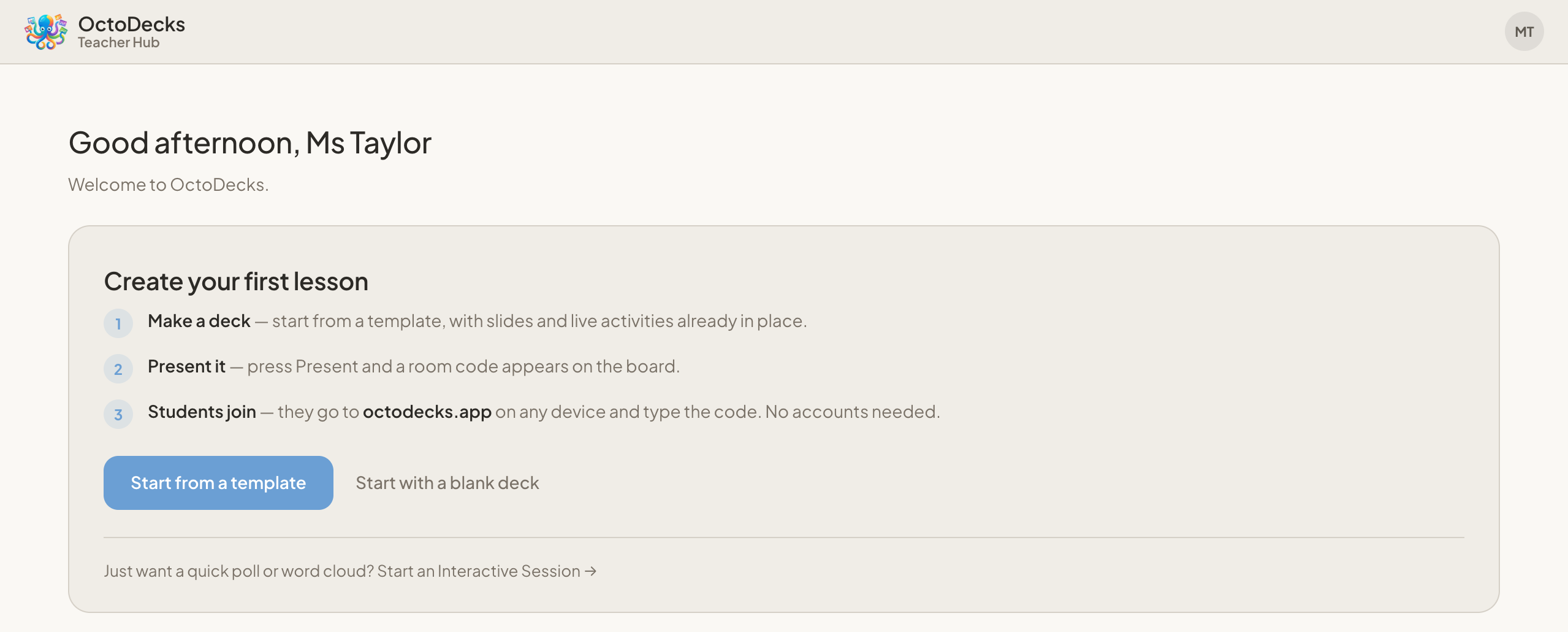 The OctoDecks Teacher Hub showing a 'Create your first lesson' card with 'Start from a template' and 'Start with a blank deck' buttons.