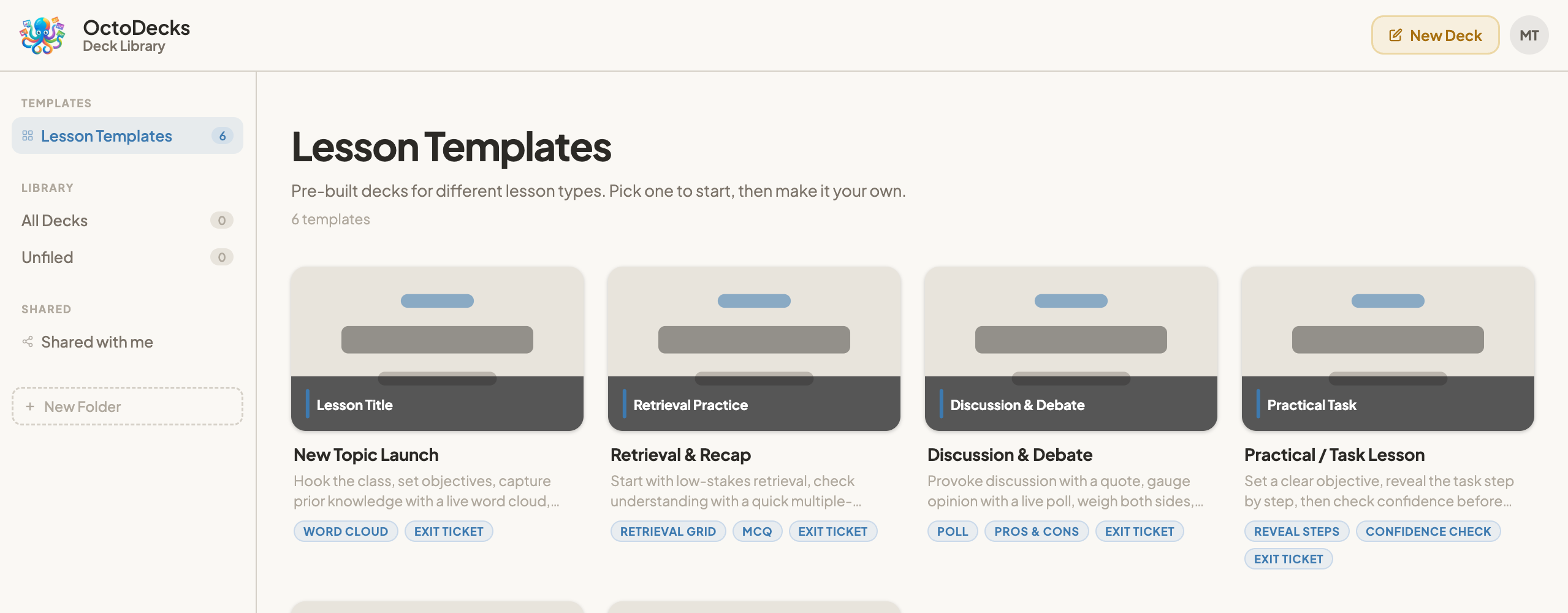 The Lesson Templates page in the Deck Library showing templates such as New Topic Launch, Retrieval & Recap, Discussion & Debate and Practical / Task Lesson.