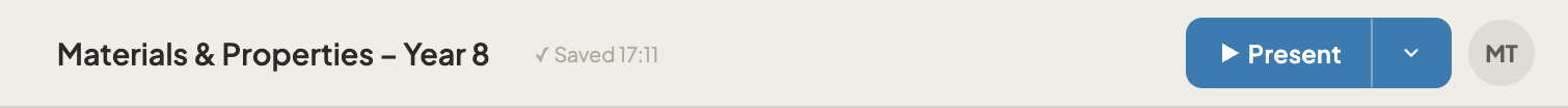 The toolbar showing the deck name 'Materials & Properties – Year 8', a 'Saved 17:10' status and the Present button.