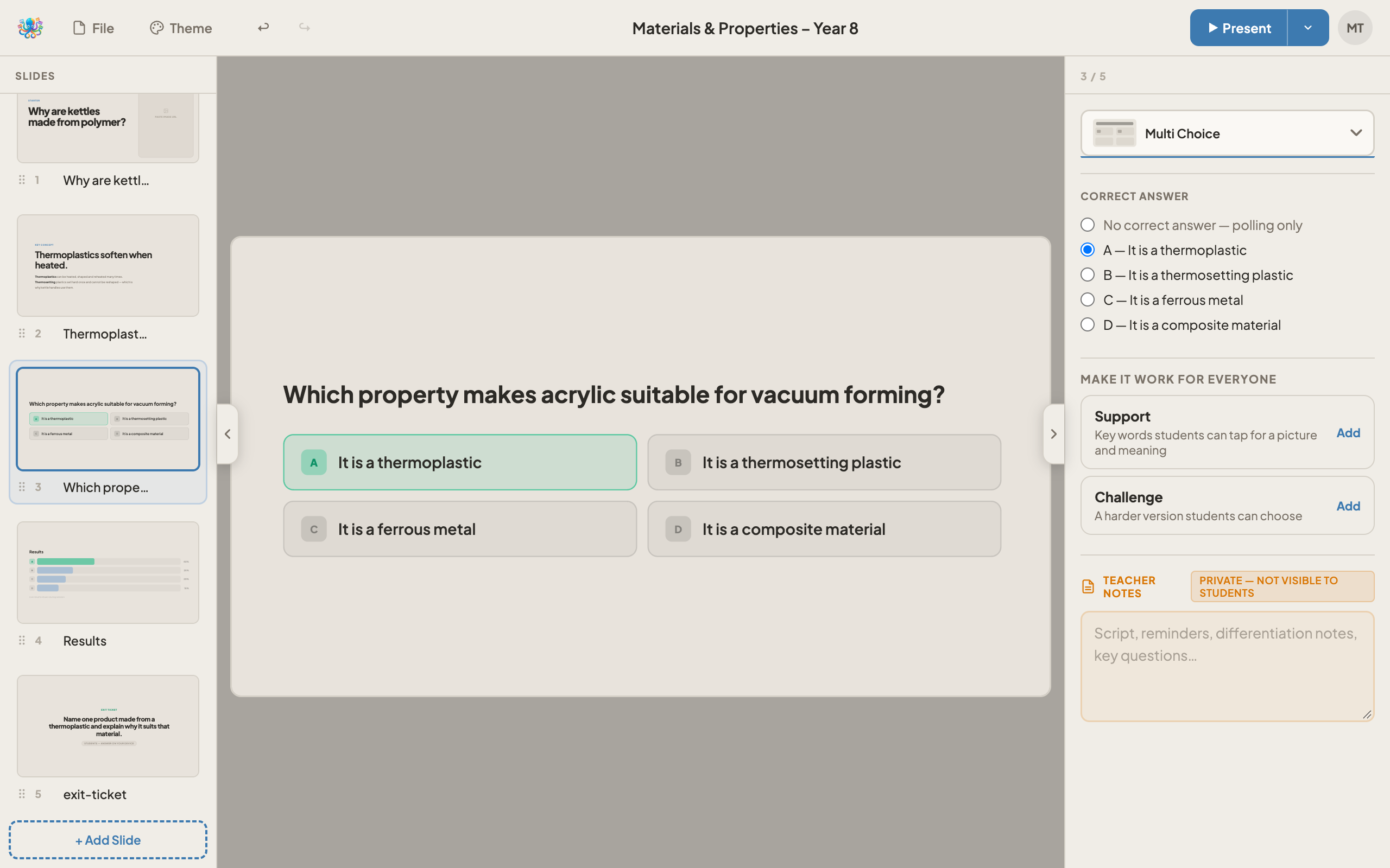 A Multi Choice slide in the editor with four answers. The Correct Answer setting is on the right and a Results slide has been added automatically below it in the slides list.