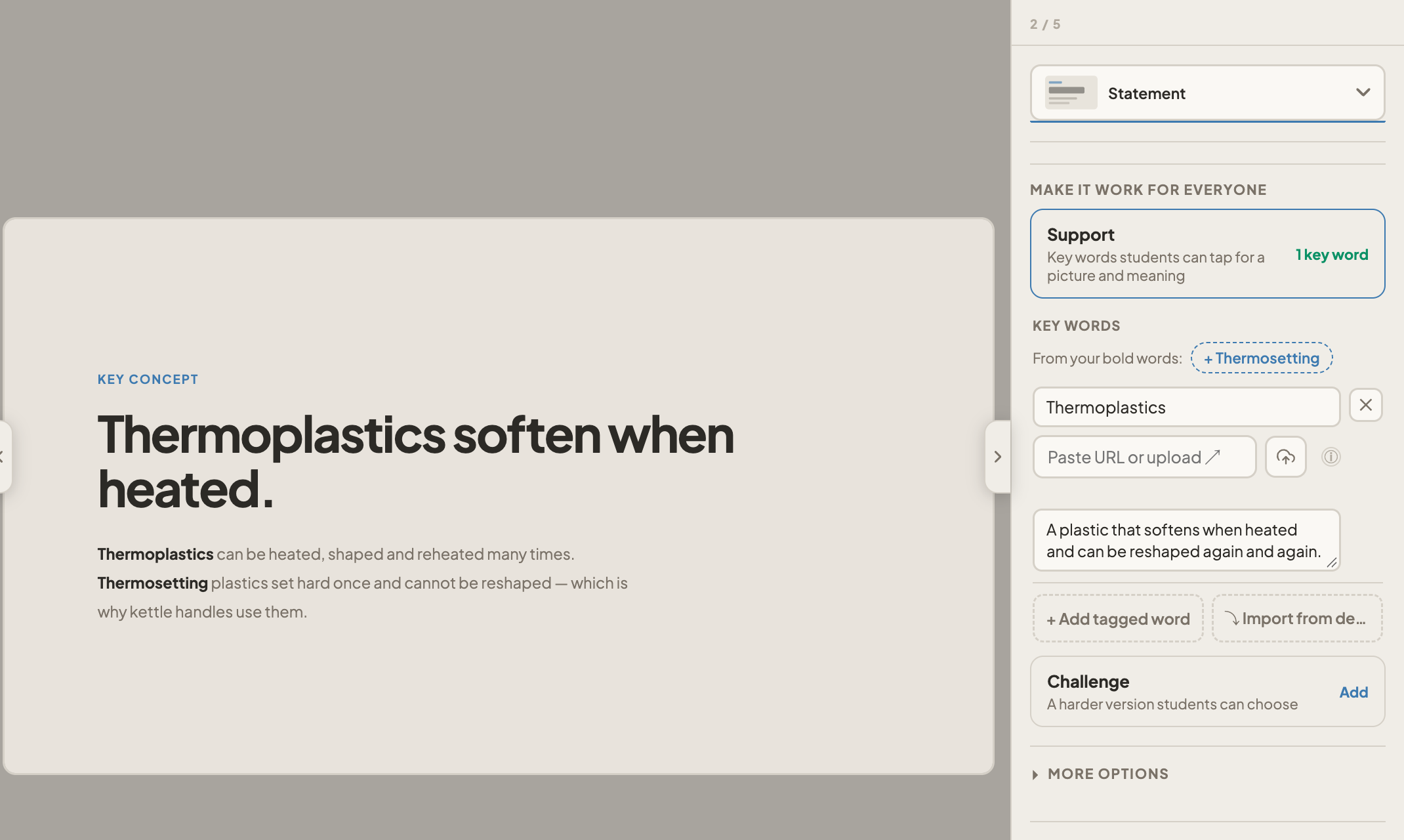 The Support panel open on a Statement slide. 'Thermoplastics' has been added as a key word with a definition, and 'Thermosetting' is offered as a suggestion from the bold words.