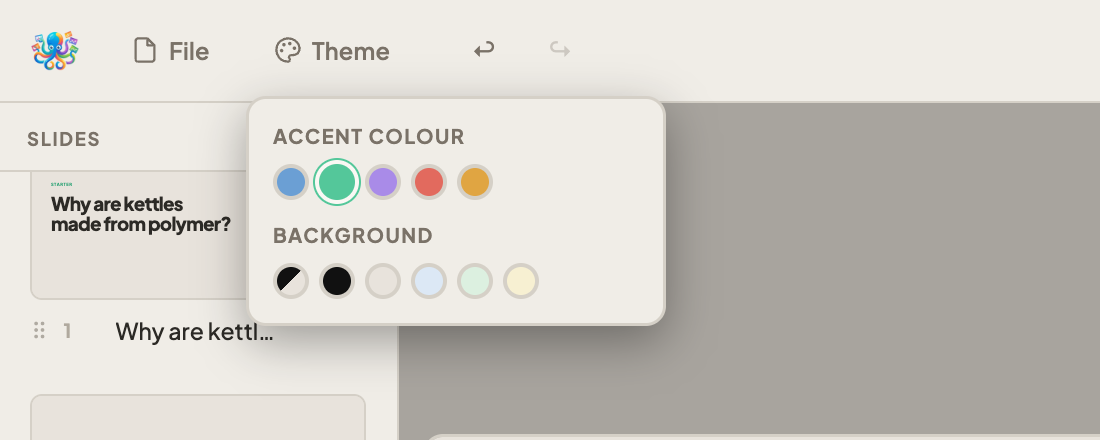 The Theme menu showing five accent colours, with emerald selected, and six background options.