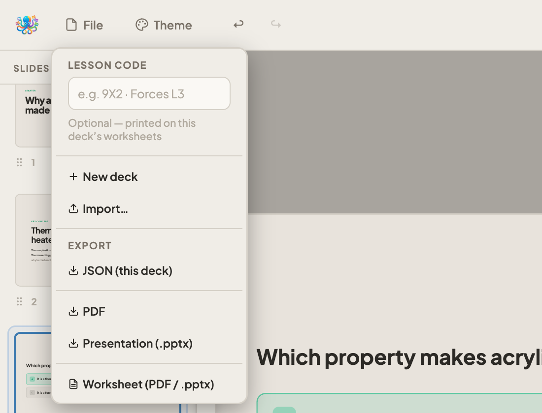 The File menu showing Lesson code, New deck, Import, and export options for JSON, PDF, Presentation (.pptx) and Worksheet.