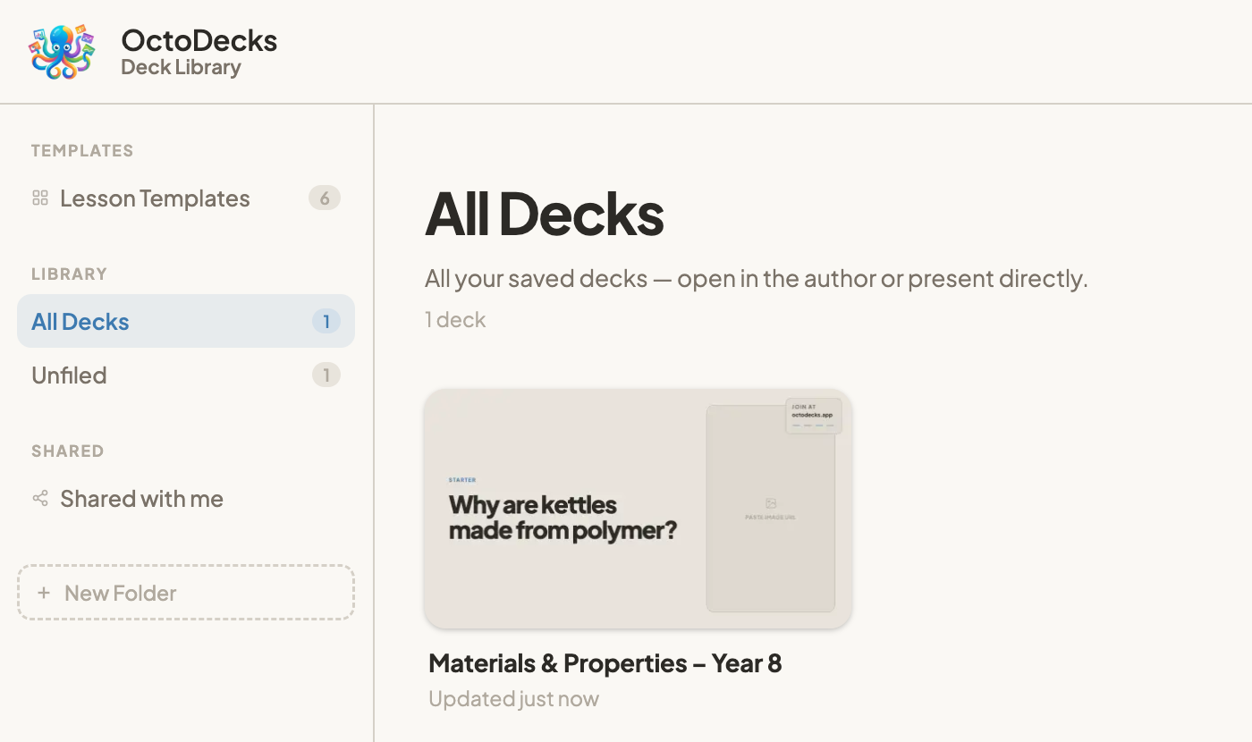 The Deck Library, All Decks view, showing the saved deck 'Materials & Properties – Year 8', updated just now.