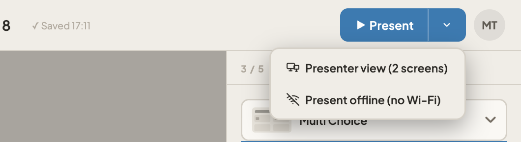 The Present button with its menu open, showing 'Presenter view (2 screens)' and 'Present offline (no Wi-Fi)'.