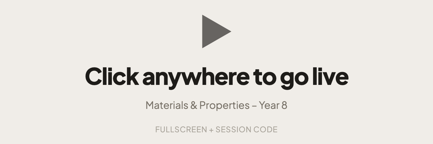 A screen reading 'Click anywhere to go live', with the deck name 'Materials & Properties – Year 8' and 'Fullscreen + session code' underneath.