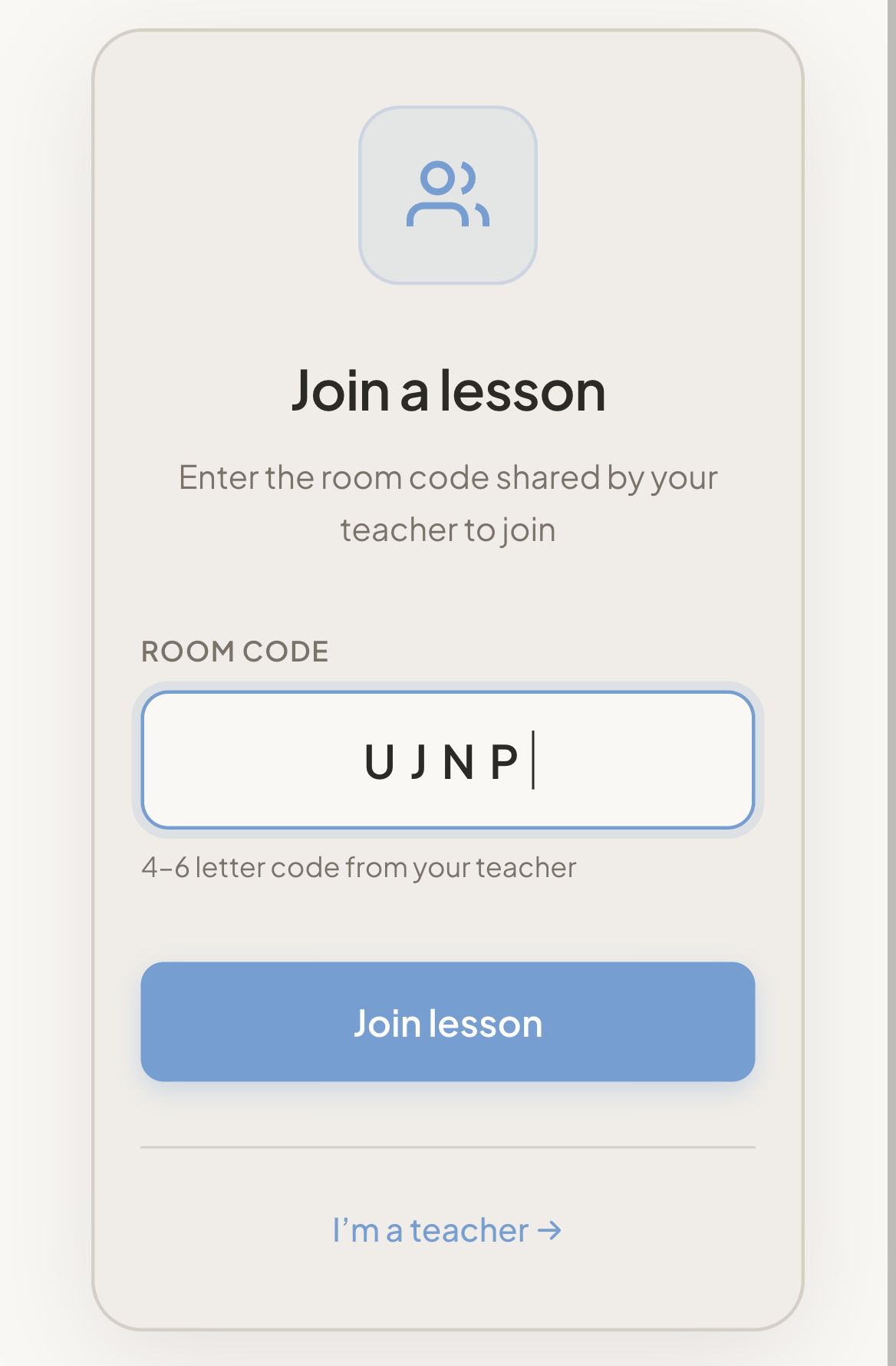 The student join screen on a phone: 'Join a lesson', a Room code box, and a Join lesson button.