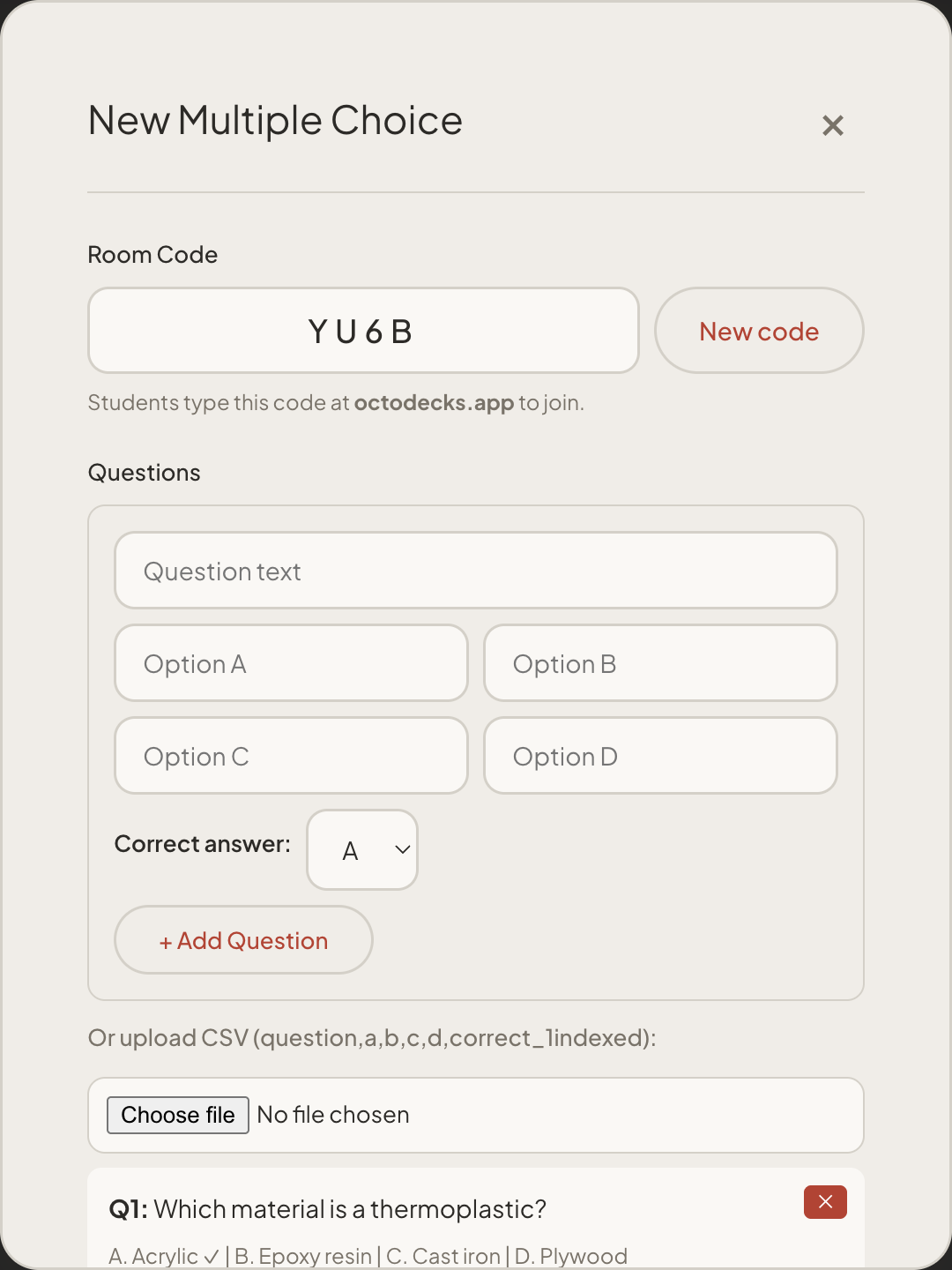 The New Multiple Choice window with room code YU6B, fields for typing a question, and the CSV upload box.