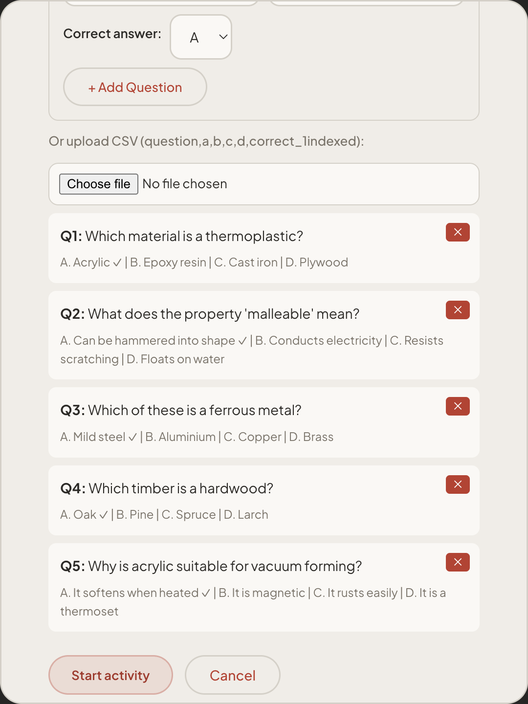 Five questions loaded from the CSV, each showing its four answers with a tick next to the correct one, and a Start activity button.
