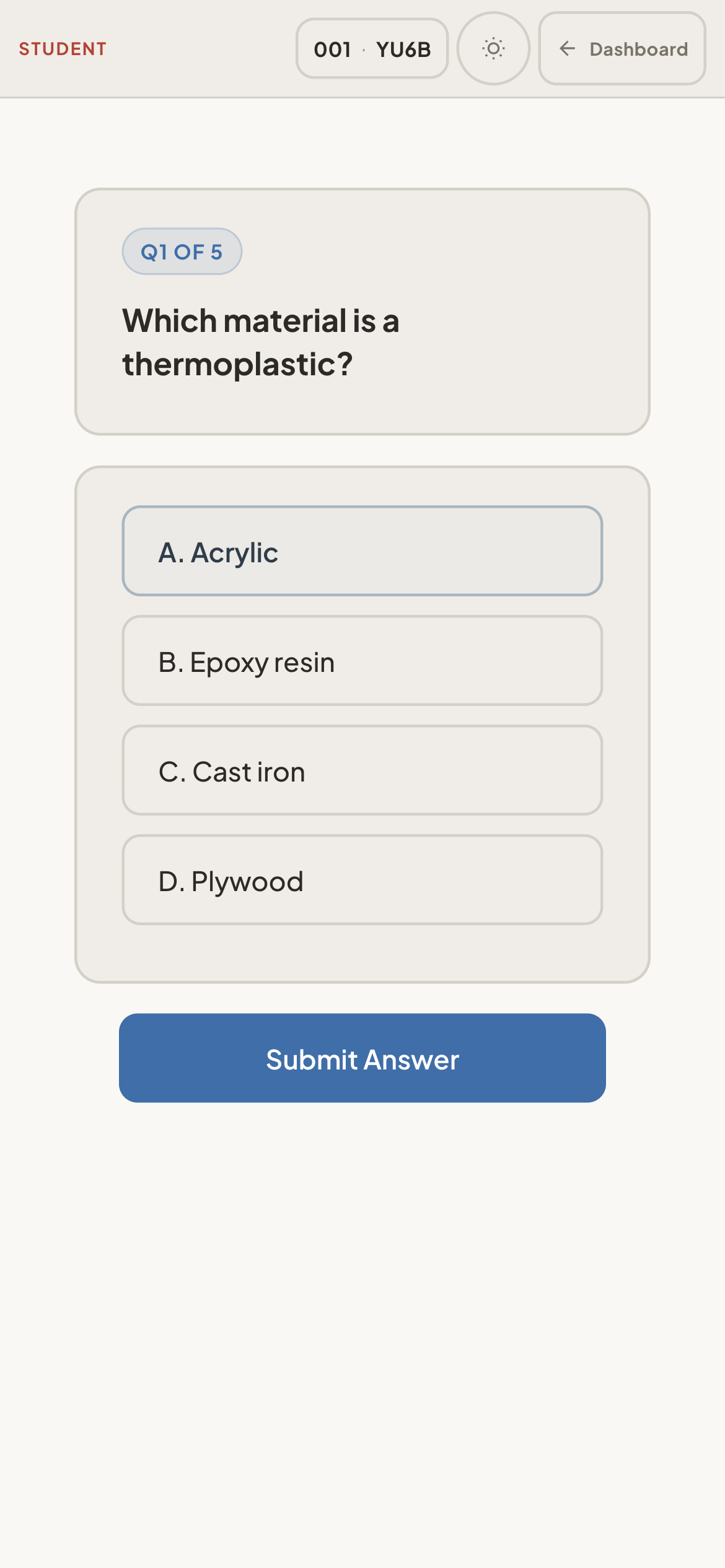 A student's phone showing 'Q1 of 5: Which material is a thermoplastic?' with four answer buttons and a Submit Answer button.