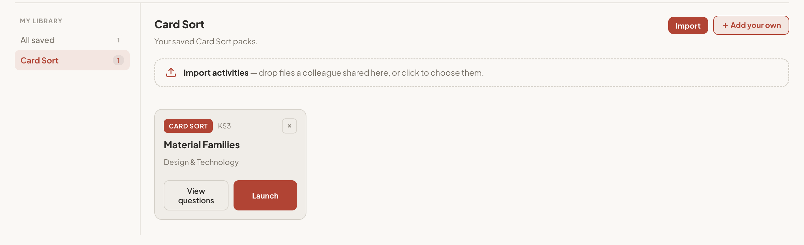 My Library showing a saved Card Sort pack called Material Families, with View questions and Launch buttons.