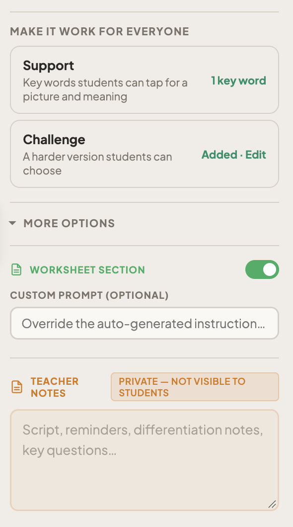 The settings panel with More options open, showing the Worksheet Section toggle switched on and a Custom prompt box.