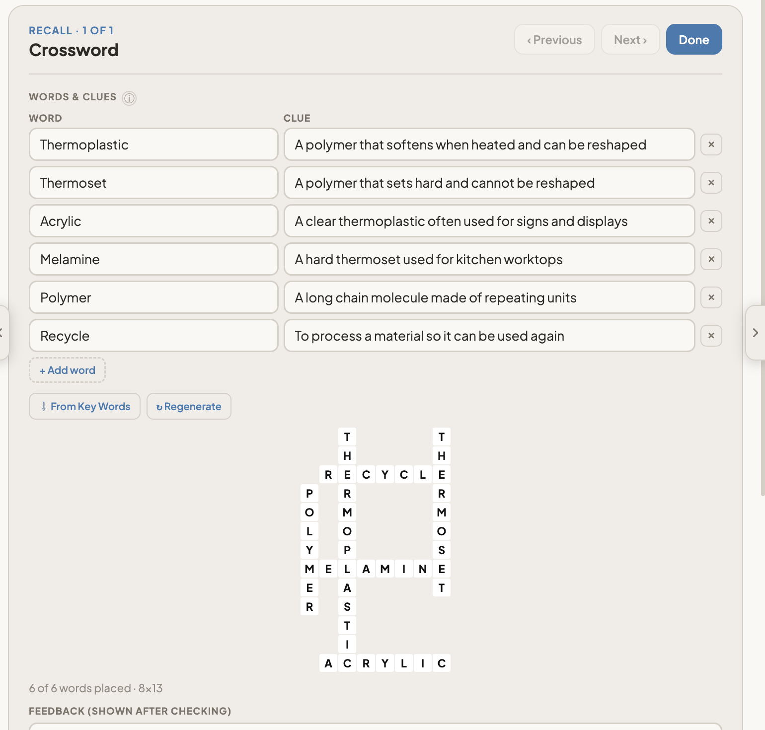The crossword editor, listing six words with their clues, buttons for Add word, From Key Words and Regenerate, and a preview of the finished grid showing '6 of 6 words placed'.
