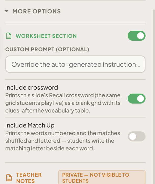The Recap slide's Worksheet Section, switched on, with Include crossword switched on and Include Match Up switched off.