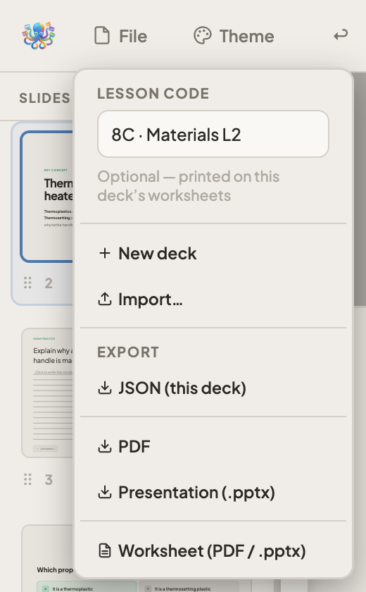 The File menu with the Lesson code set to '8C · Materials L2', and Worksheet (PDF / .pptx) at the bottom.