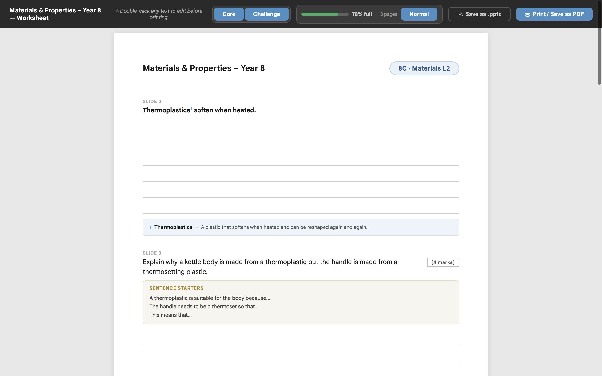 The worksheet tab. The toolbar has Core and Challenge buttons, a '78% full · 3 pages' indicator with a Normal button, Save as .pptx and Print / Save as PDF. Below is page one with the deck title and lesson code.