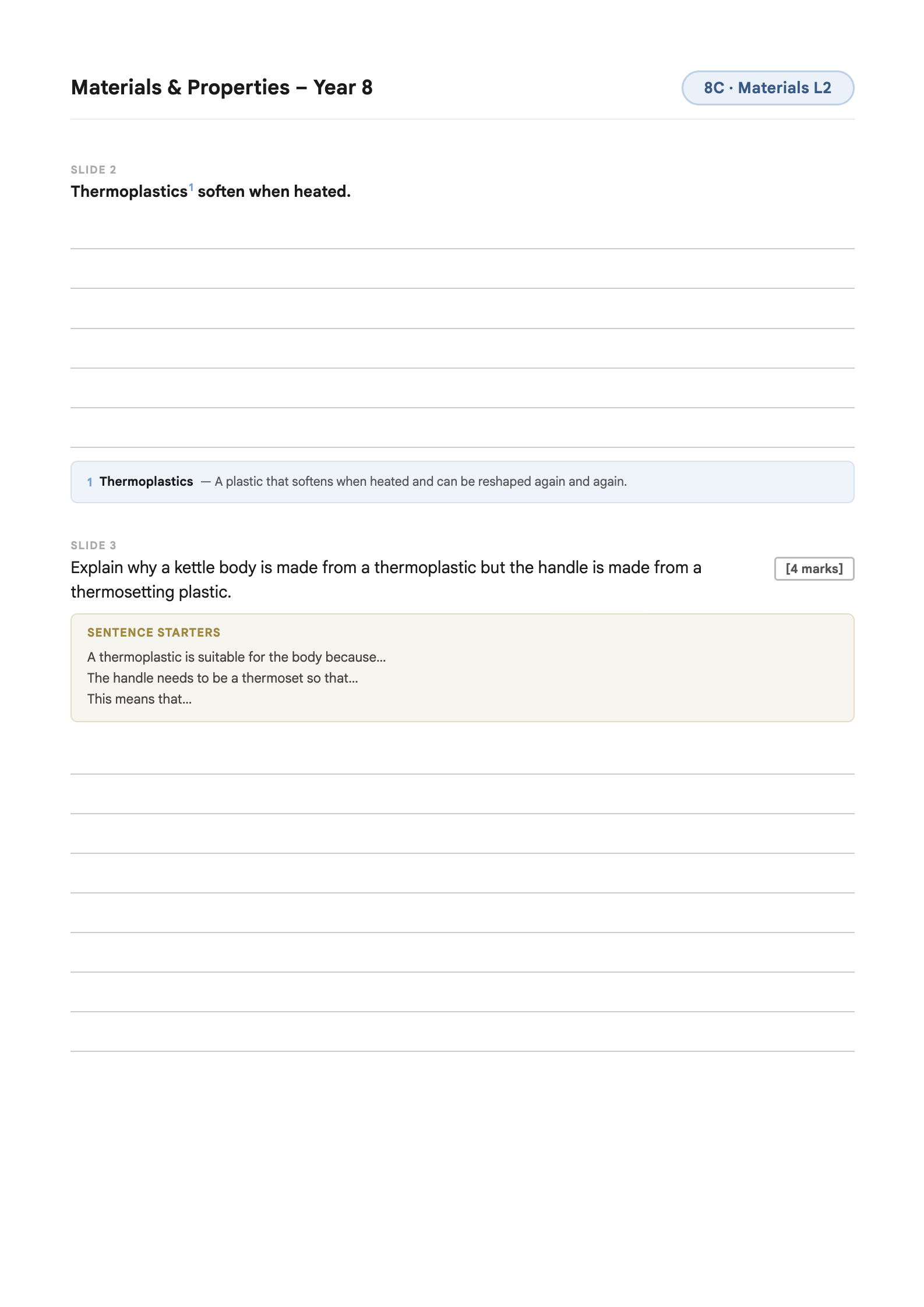 Worksheet page 1: the key concept question with writing lines and a numbered key word definition, then the exam question with its marks and sentence starters.