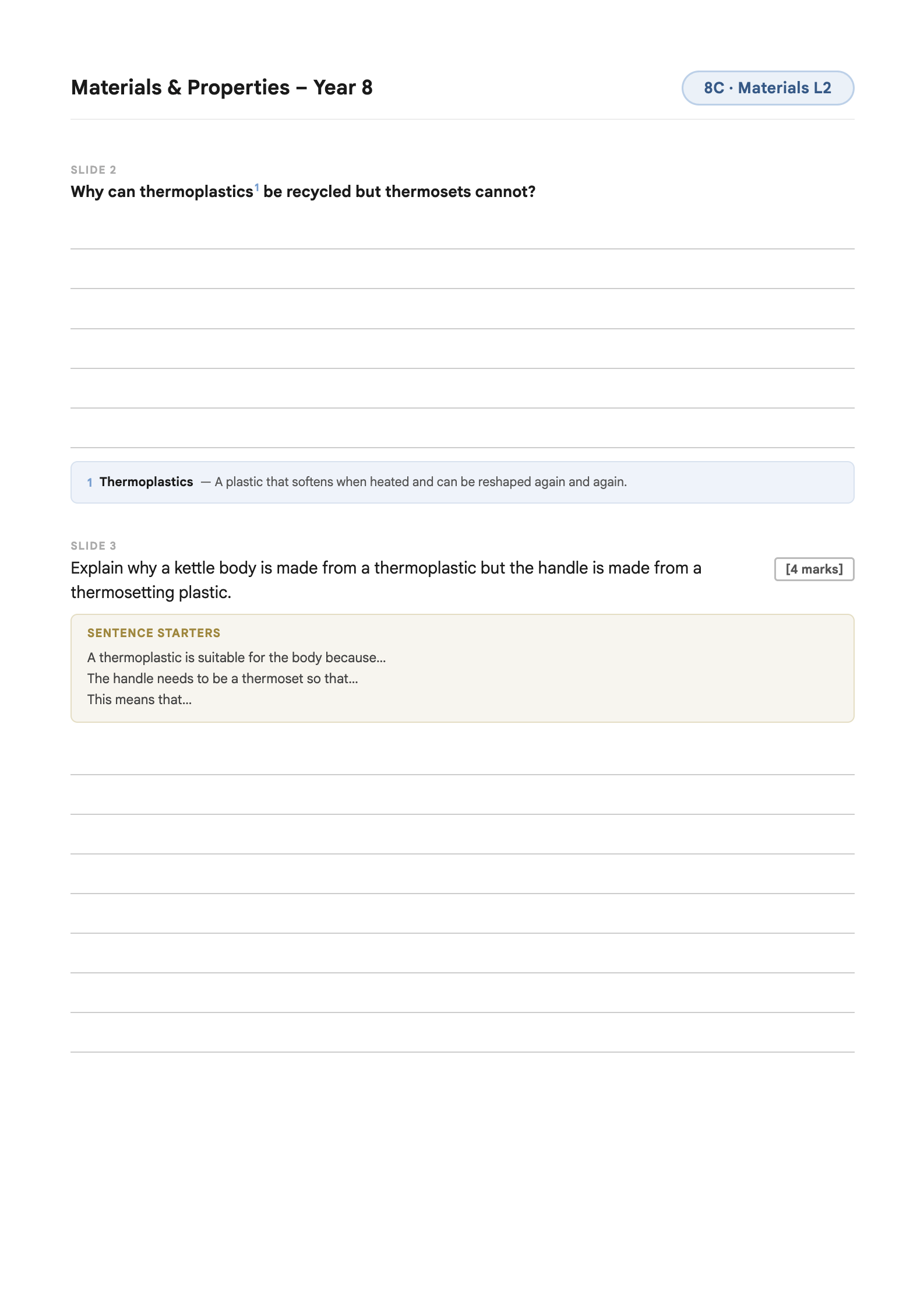 Page 1 of the challenge worksheet. The key concept question now reads 'Why can thermoplastics be recycled but thermosets cannot?'.